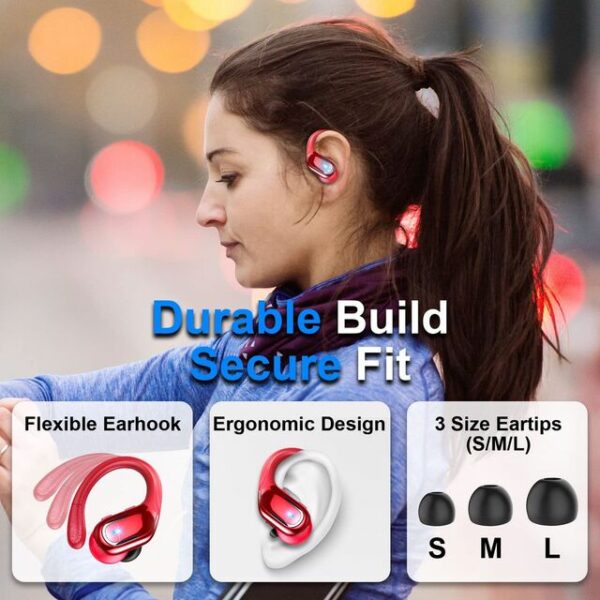 Écouteurs sans fil Ture d'origine, crochet d'oreille, écouteurs de sport, Stéréo Hi-Fi, casque étanche avec micro, téléphone de sauna TWS couleur rouge – Image 4